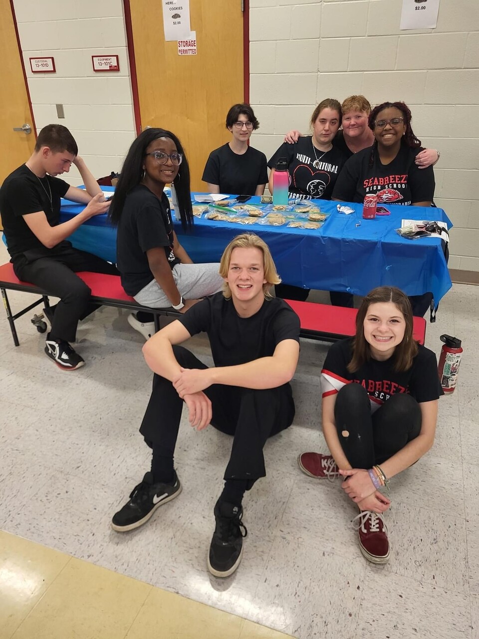 Seabreeze Multicultural Club and Spanish Honor Society students were a tremendous volunteer crew. Pictured: Aaron James (front center) ASL 2 student who signed the Pledge of Allegiance during the Opening Ceremony Parade of Flags, and Imani Victory (back right) who led the Pledge of Allegiance. ASL teacher and co-president of VCFLA is also in this photo, Ms. Kim Griffith.